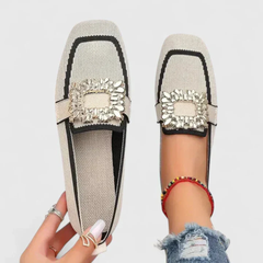 Damen Orthopedic Slip-On Loafer mit Kristallschnalle und Arch Support für Sommer in Beige