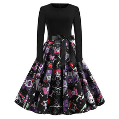 Damen Halloween-Kleid mit Print | Langarm & Ausgestellter Schnitt in Schwarz 1