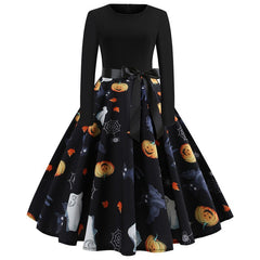 Damen Halloween-Kleid mit Print | Langarm & Ausgestellter Schnitt in Schwarz 13
