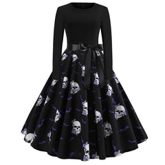 Damen Halloween-Kleid mit Print | Langarm & Ausgestellter Schnitt in Schwarz 15