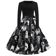 Damen Halloween-Kleid mit Print | Langarm & Ausgestellter Schnitt in Schwarz 3