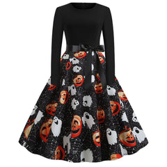 Damen Halloween-Kleid mit Print | Langarm & Ausgestellter Schnitt in Schwarz 7