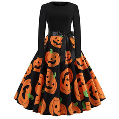 Damen Halloween-Kleid mit Print | Langarm & Ausgestellter Schnitt in Schwarz 14