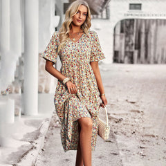 Doris - Schickes Sommerkleid Mit Blumenmuster Für Damen in Aprikose