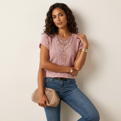 Elegante Spitzenbluse mit Rundhalsausschnitt und kurzen Ärmeln – Isabella in Rosa