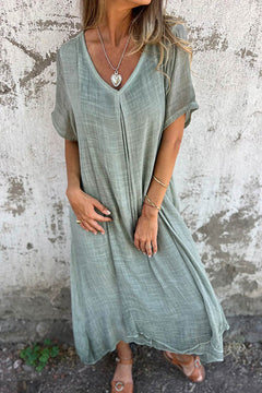 Eline - Leinen V-Ausschnitt Midi-Kleid in Grün