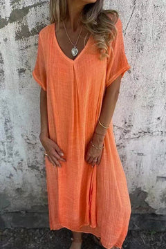 Eline - Leinen V-Ausschnitt Midi-Kleid in Orange