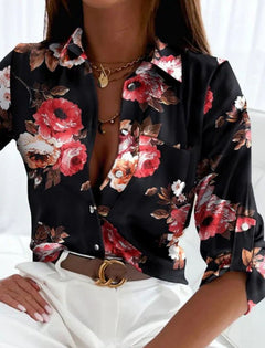 Franziska | Atmungsaktive Elegante Sommerbluse in Schwarze rosa Blumen