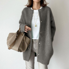 Katharina | Damen Klassischer Durchgehende Strickjacke in Grau