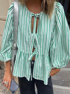 Jemima - Trendy gestreifte Bluse - Puffärmel in Grün Weiß