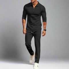 Lässiges Streetwear-Set für Herren – einfarbiges Langarm-Oberteil mit halbem Reißverschluss und passende Hose, leicht und atmungsaktiv in Schwarz