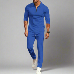 Lässiges Streetwear-Set für Herren – einfarbiges Langarm-Oberteil mit halbem Reißverschluss und passende Hose, leicht und atmungsaktiv in Königsblau