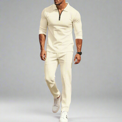 Lässiges Streetwear-Set für Herren – einfarbiges Langarm-Oberteil mit halbem Reißverschluss und passende Hose, leicht und atmungsaktiv in Khaki