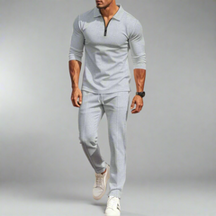 Lässiges Streetwear-Set für Herren – einfarbiges Langarm-Oberteil mit halbem Reißverschluss und passende Hose, leicht und atmungsaktiv in Hellgrau