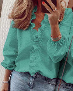 Katharina | Sommer bluse mit Rüschen und V Ausschnitt in Grün
