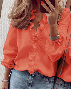 Katharina | Sommer bluse mit Rüschen und V Ausschnitt in Orange