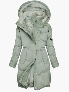 Langer Winter Mantel Damen mit Kapuze und Kunstpelz für kalte Tage – Eleganter Mäntel Damen für stilvolle Winterlooks in Grün