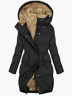 Langer Winter Mantel Damen mit Kapuze und Kunstpelz für kalte Tage – Eleganter Mäntel Damen für stilvolle Winterlooks in Schwarz