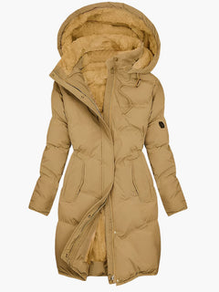 Langer Winter Mantel Damen mit Kapuze und Kunstpelz für kalte Tage – Eleganter Mäntel Damen für stilvolle Winterlooks in Gelb