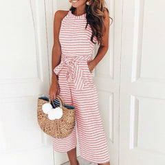 Lia- Gestreifter Damen Jumpsuit mit Wickelausschnitt in Rosa