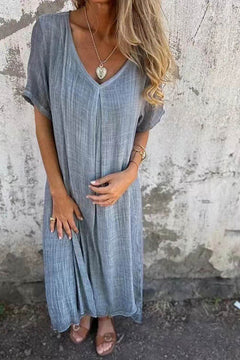 Nadine- Leinen V-ausschnitt Midi Kleid in Grau