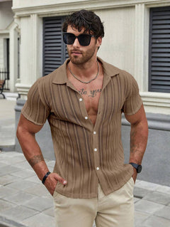 Linus – Herren Kurzarmhemd Einfarbig Frühling Sommer Lässig in Khaki