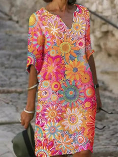 Hannah - Kleid mit V-Ausschnitt und Blumenmuster in Rosa