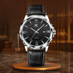 Sterling | Elegante Multifunktionsuhr in Leder Silber Schwarz