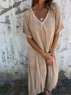 Nadine- Leinen V-ausschnitt Midi Kleid in Beige