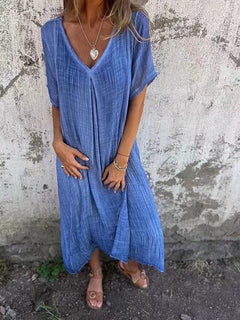 Nadine- Leinen V-ausschnitt Midi Kleid in Blau