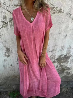 Nadine- Leinen V-ausschnitt Midi Kleid in Rosa