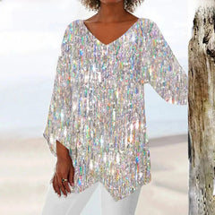 Nadine | Trendiges Langarm Top mit V Ausschnitt in Silber