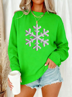Damen Sweatshirt mit funkelndem Schneeflockenmotiv und lässigem Schnitt in Neon Grün