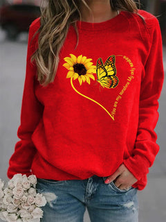 Damen Sweatshirt mit grafischem Schmetterlings- und Sonnenblumenmotiv in Rot