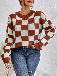 DAME KARIERTER RUNDHALS LANGARMPULLOVER | MODISCHER, BEQUEMER, VIELSEITIGER in Braun