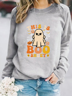 Damen Sweatshirt mit herbstlichem Geist-Print und lässigem Schnitt in Grau