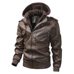 Lederjacke Herren abnehmbar Kapuze und Taschen in Braun