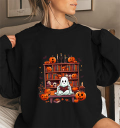 Damen Sweatshirt mit herbstlichem Gruselmotiv und lässigen Puffärmeln in Schwarz