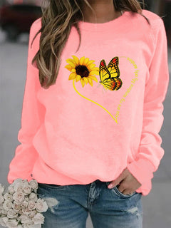 Damen Sweatshirt mit grafischem Schmetterlings- und Sonnenblumenmotiv in Rosa