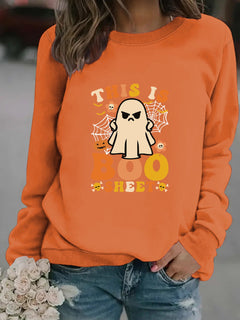 Damen Sweatshirt mit herbstlichem Geist-Print und lässigem Schnitt in Orange