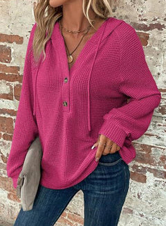 Damen lässiges Langarmoberteil mit Kapuze und Knopfleiste in Magenta