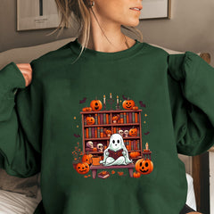 Damen Sweatshirt mit herbstlichem Gruselmotiv und lässigen Puffärmeln in Dunkelgrün