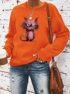 Damen Sweatshirt mit kreativem Katzenmotiv in Orange