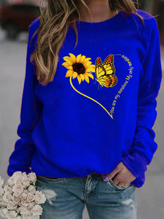 Damen Sweatshirt mit grafischem Schmetterlings- und Sonnenblumenmotiv in Königsblau