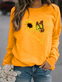 Damen Sweatshirt mit grafischem Schmetterlings- und Sonnenblumenmotiv in Gelb