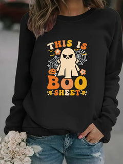 Damen Sweatshirt mit herbstlichem Geist-Print und lässigem Schnitt in Schwarz