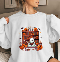Damen Sweatshirt mit herbstlichem Gruselmotiv und lässigen Puffärmeln in Weiß