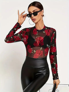 Damen Langarmshirt mit modernem abstraktem Design in Rotblumen
