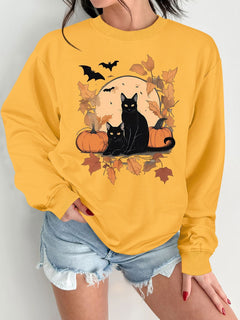 Damen Sweatshirt mit herbstlichem Katzen- und Kürbisdesign in Gelb
