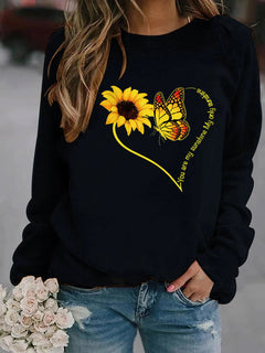 Damen Sweatshirt mit grafischem Schmetterlings- und Sonnenblumenmotiv in Schwarz